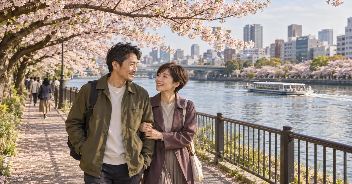 毛馬桜之宮公園でデートを楽しむふたりをイメージしたAI画像