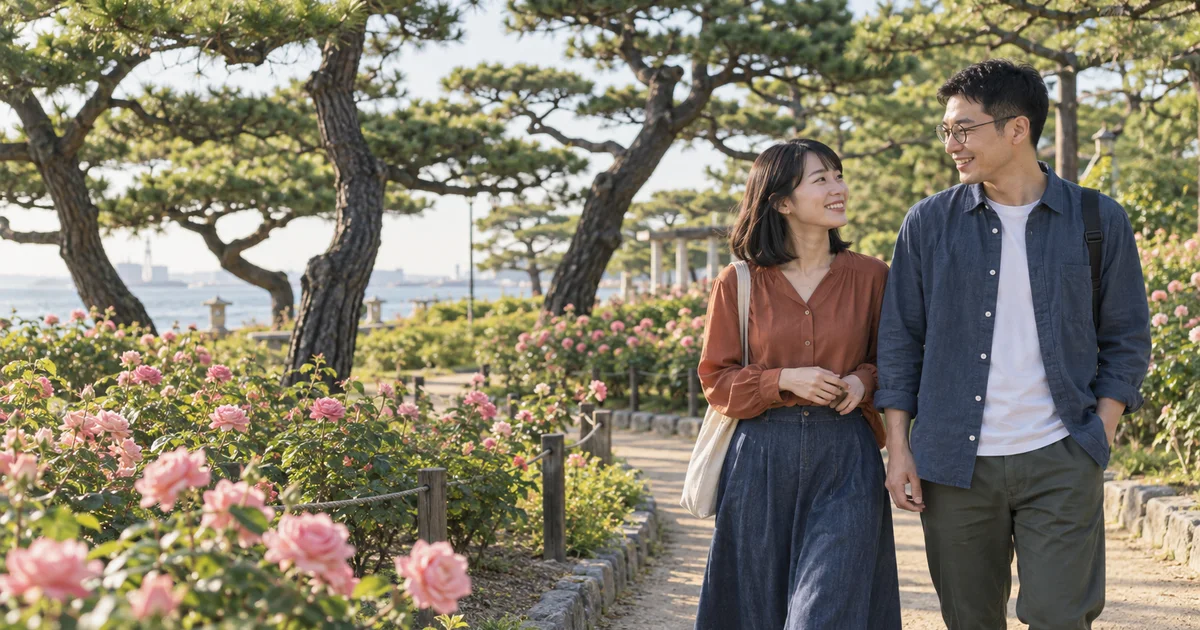 浜寺公園でデートを楽しむふたりをイメージしたAI画像