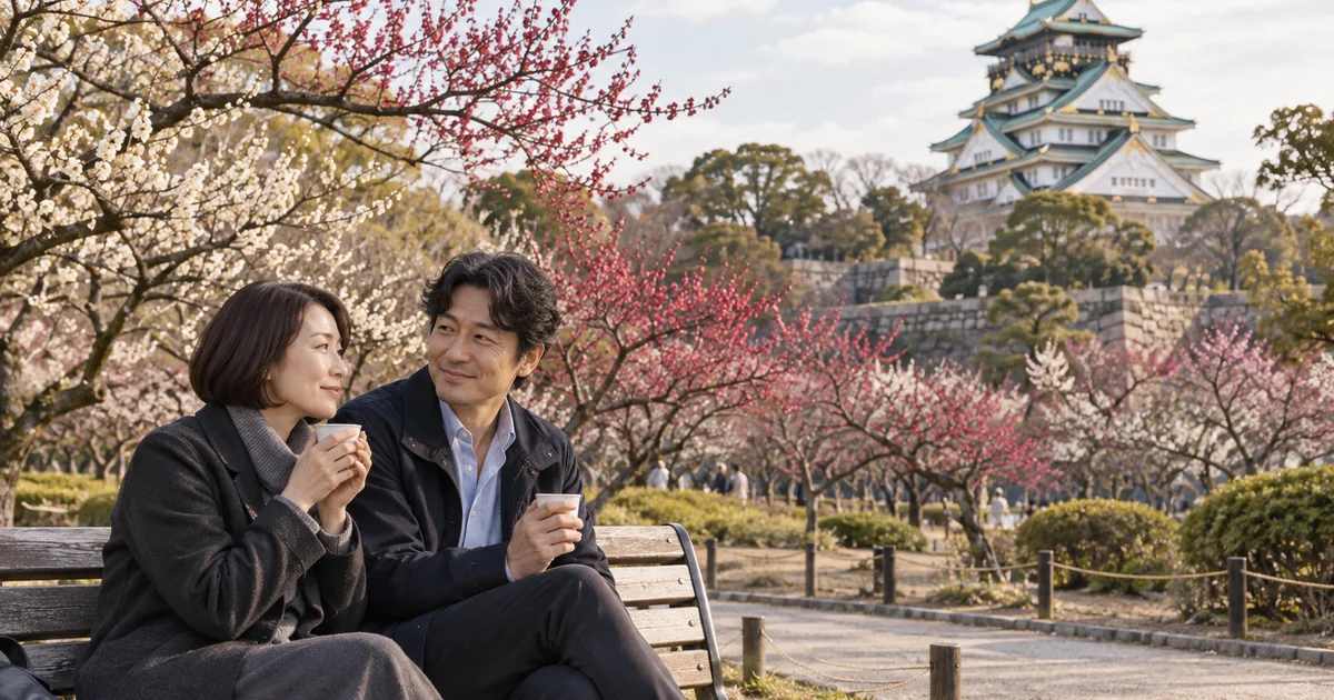 大阪城公園でデートを楽しむふたりをイメージしたAI画像