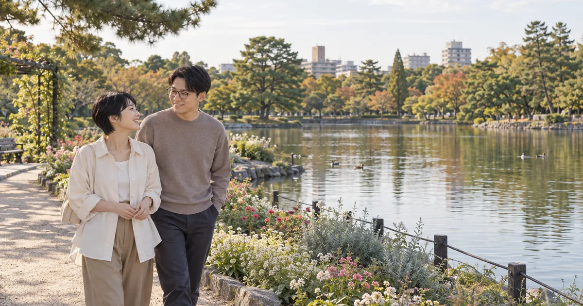 住之江公園でデートを楽しむふたりをイメージしたAI画像