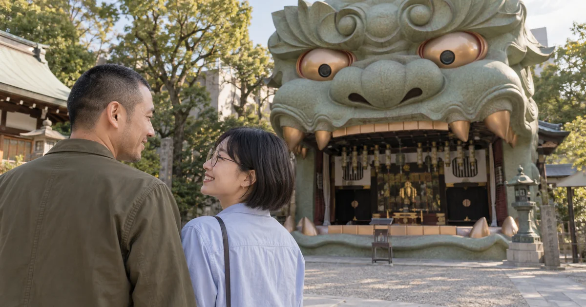 難波八阪神社でデートを楽しむふたりをイメージしたAI画像