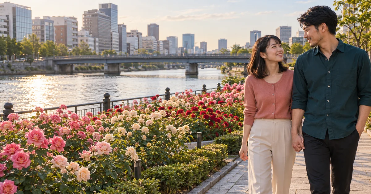 中之島公園でデートを楽しむふたりをイメージしたAI画像