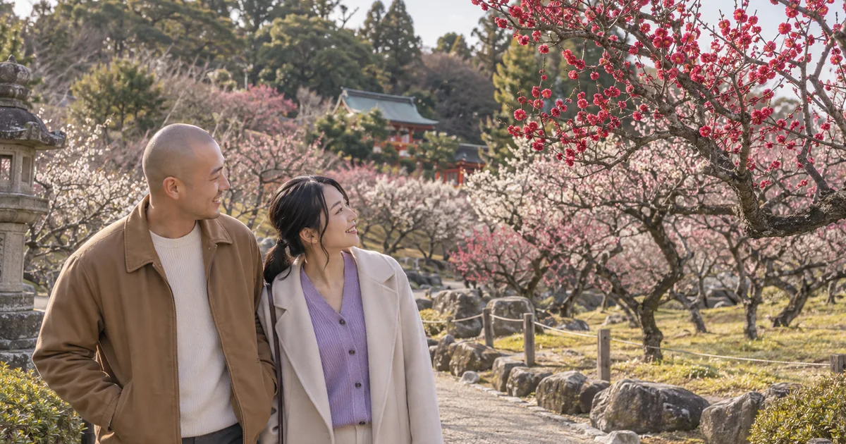 荒山公園でデートを楽しむふたりをイメージしたAI画像