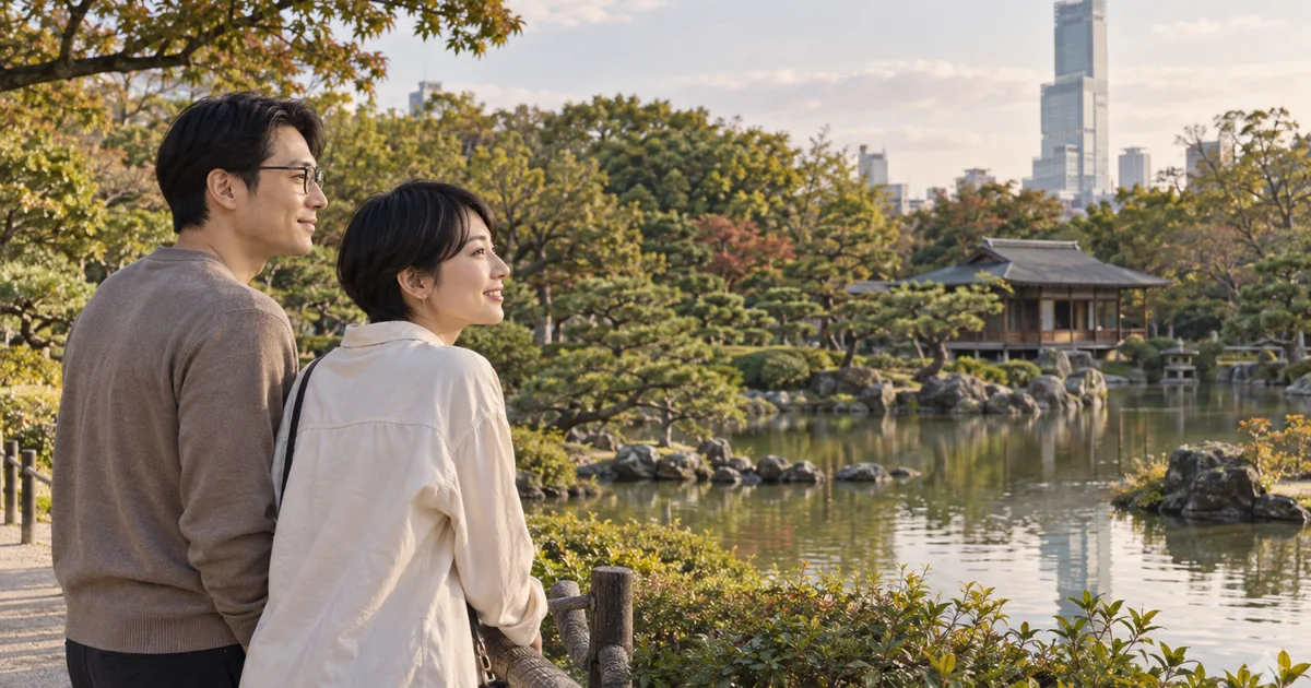 天王寺公園でデートを楽しむふたりをイメージしたAI画像