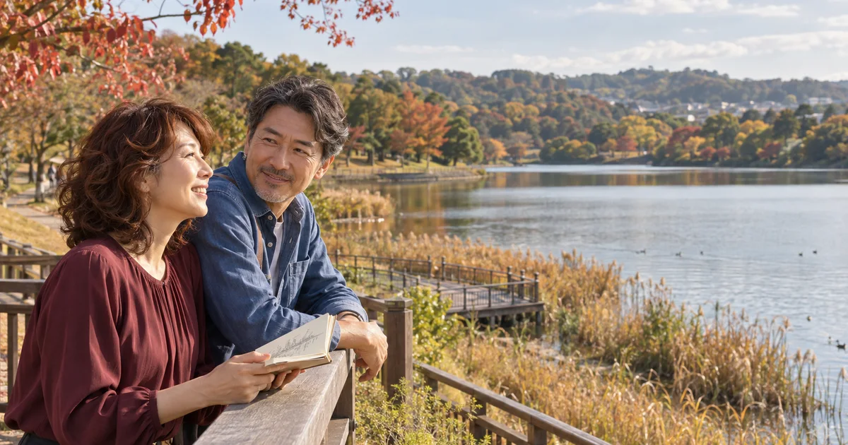 山田池公園でデートを楽しむふたりをイメージしたAI画像