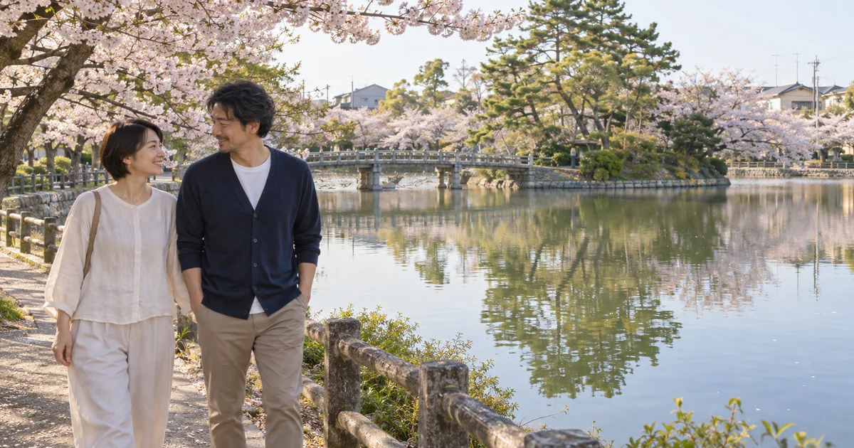 万代池公園でデートを楽しむふたりをイメージしたAI画像