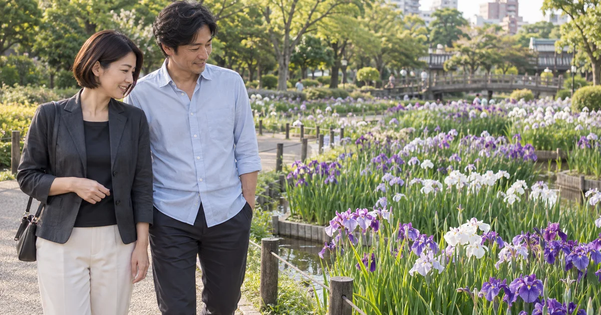 城北公園でデートを楽しむふたりをイメージしたAI画像