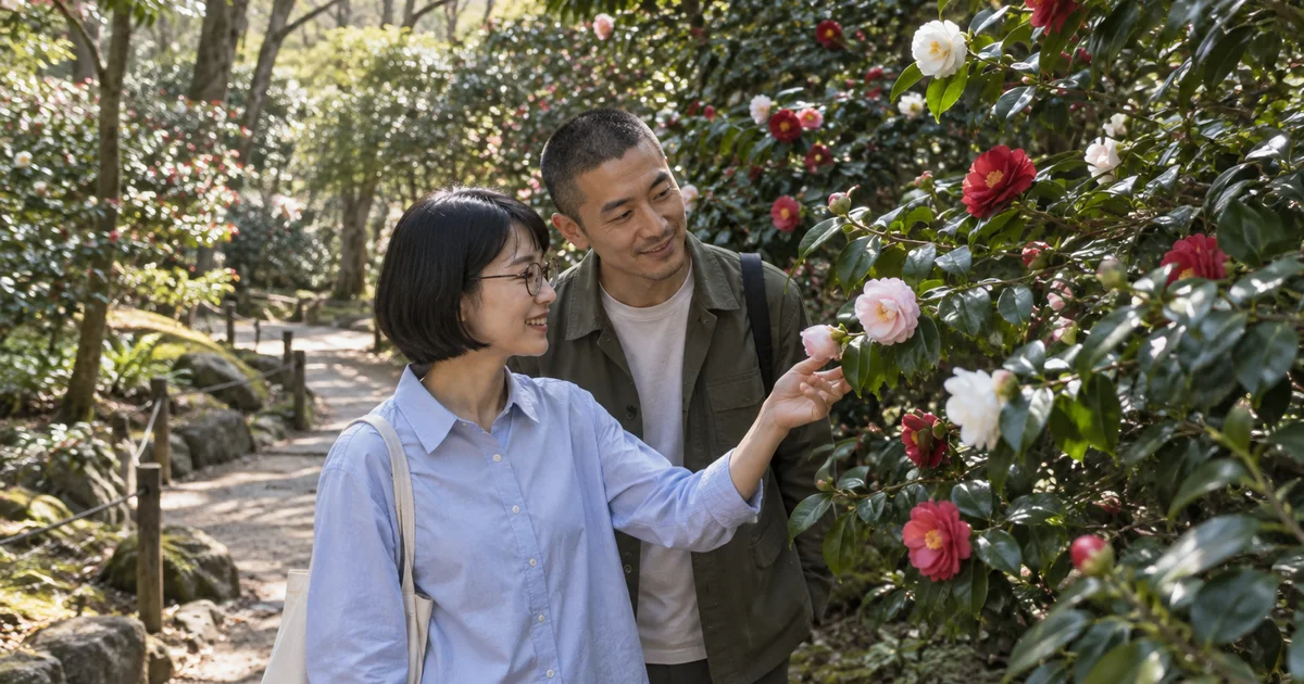 服部緑地都市緑化植物園でデートを楽しむふたりをイメージしたAI画像