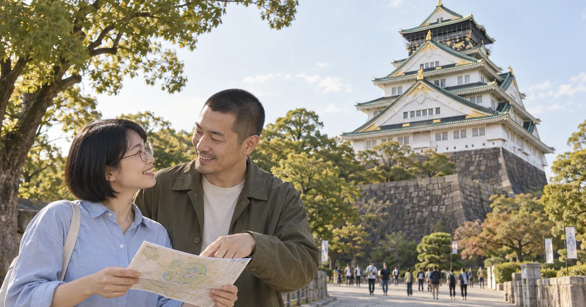 大阪城でデートを楽しむふたりをイメージしたAI画像