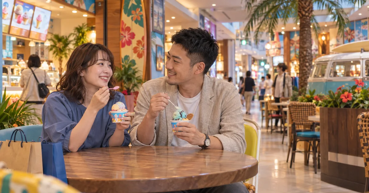 横浜ワールドポーターズでデートを楽しむふたりをイメージしたAI画像