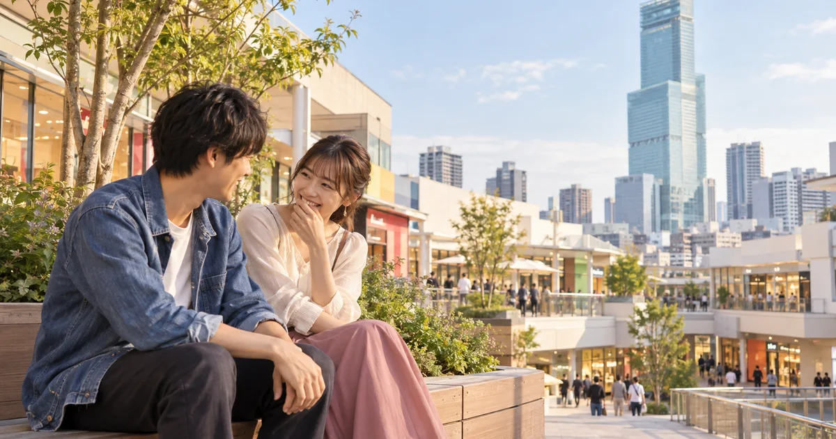 あべのキューズモールでデートを楽しむふたりをイメージしたAI画像
