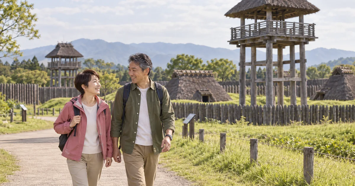 吉野ヶ里歴史公園でデートを楽しむふたりをイメージしたAI画像