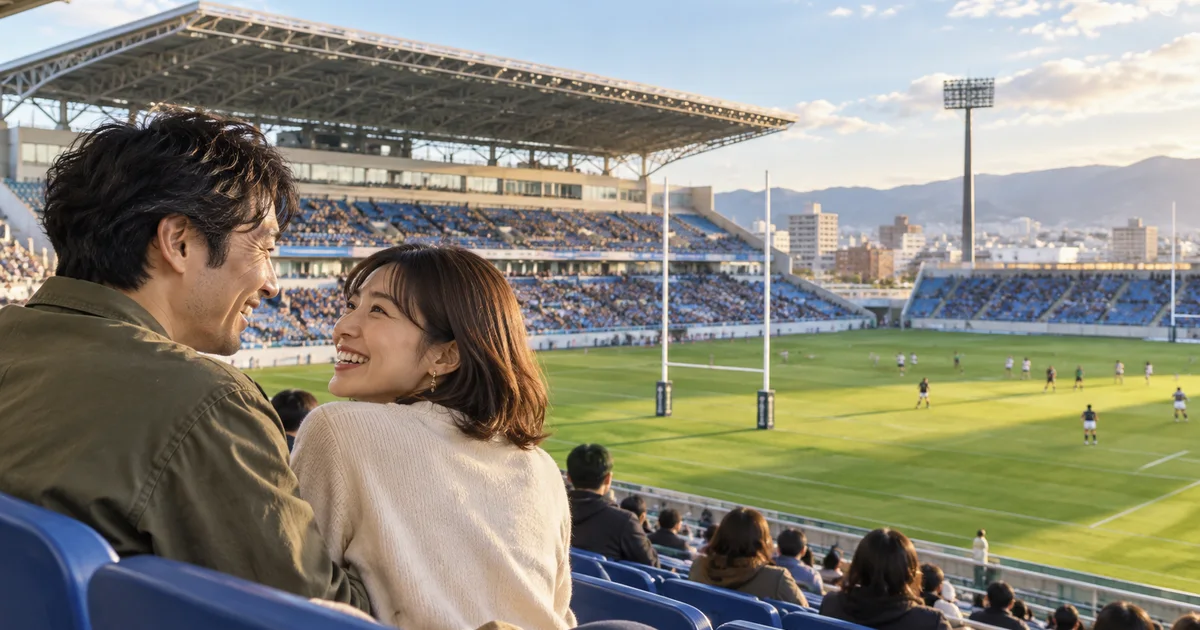 東大阪市花園ラグビー場でデートを楽しむふたりをイメージしたAI画像