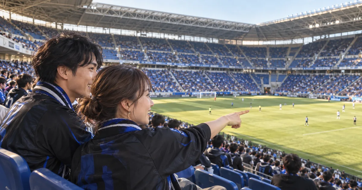 パナソニックスタジアム吹田でデートを楽しむふたりをイメージしたAI画像