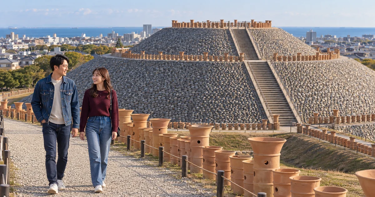 五色塚古墳でデートを楽しむふたりをイメージしたAI画像