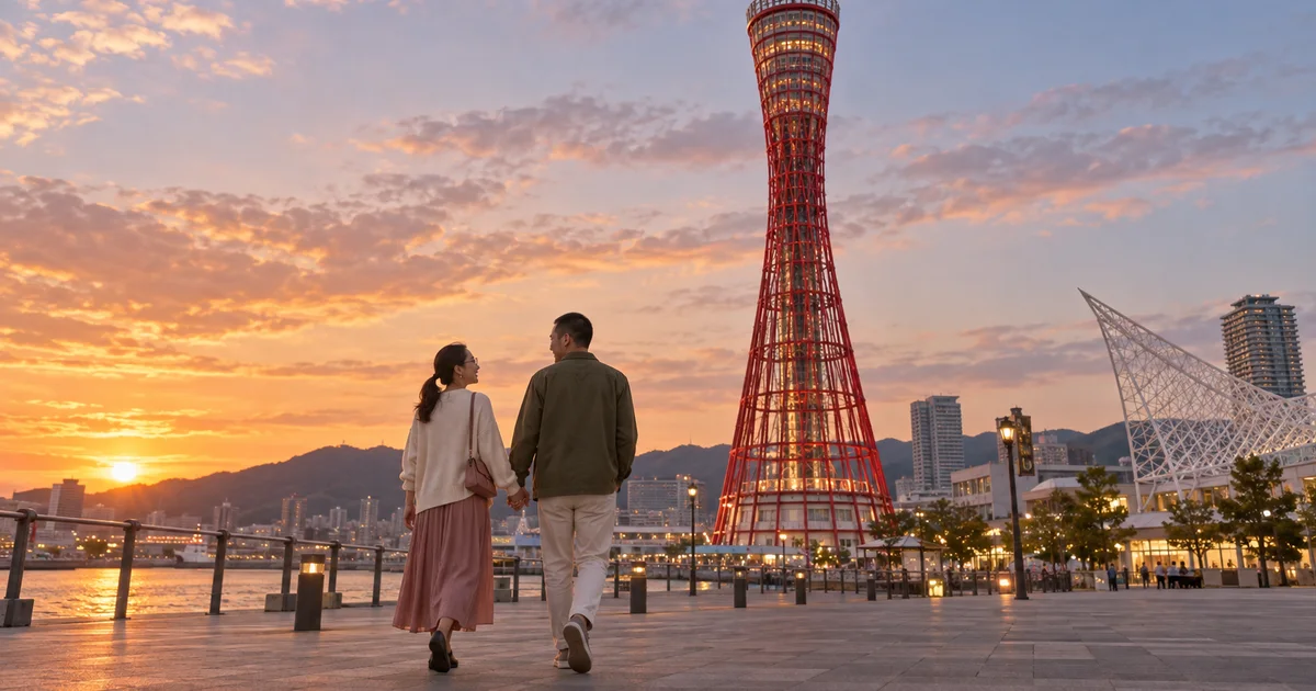 神戸ポートタワーでデートを楽しむふたりをイメージしたAI画像