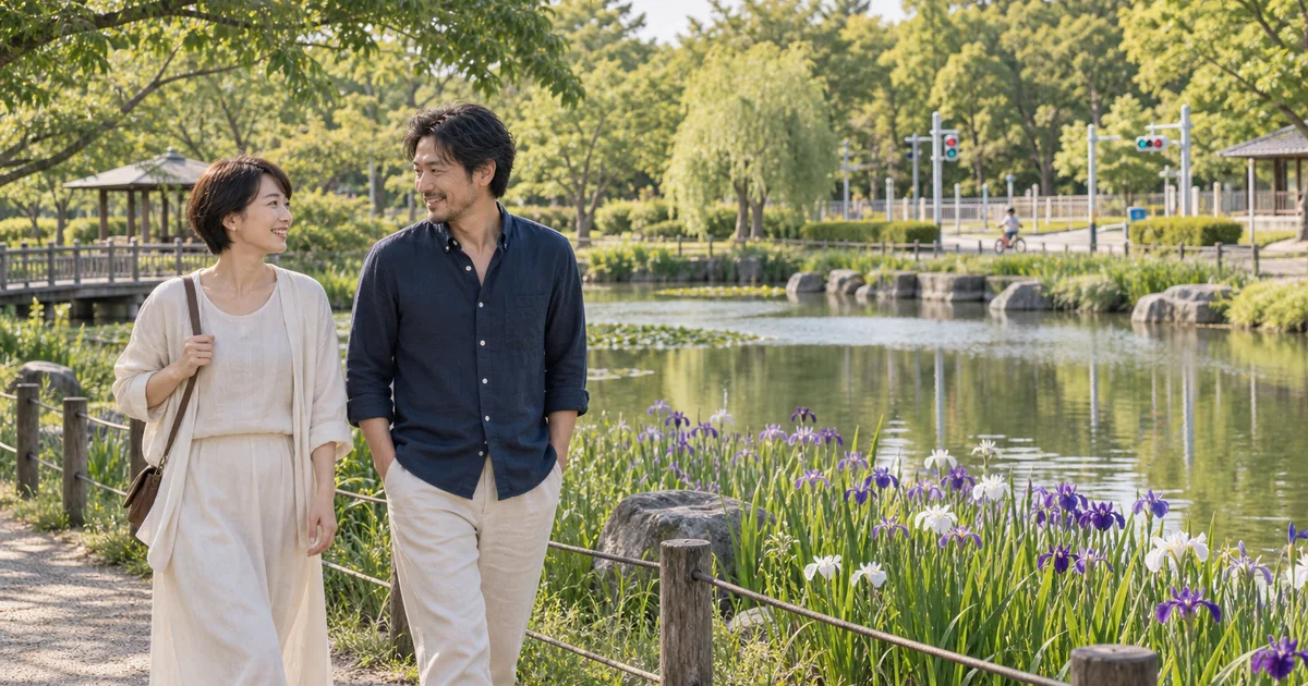 西武庫公園でデートを楽しむふたりをイメージしたAI画像