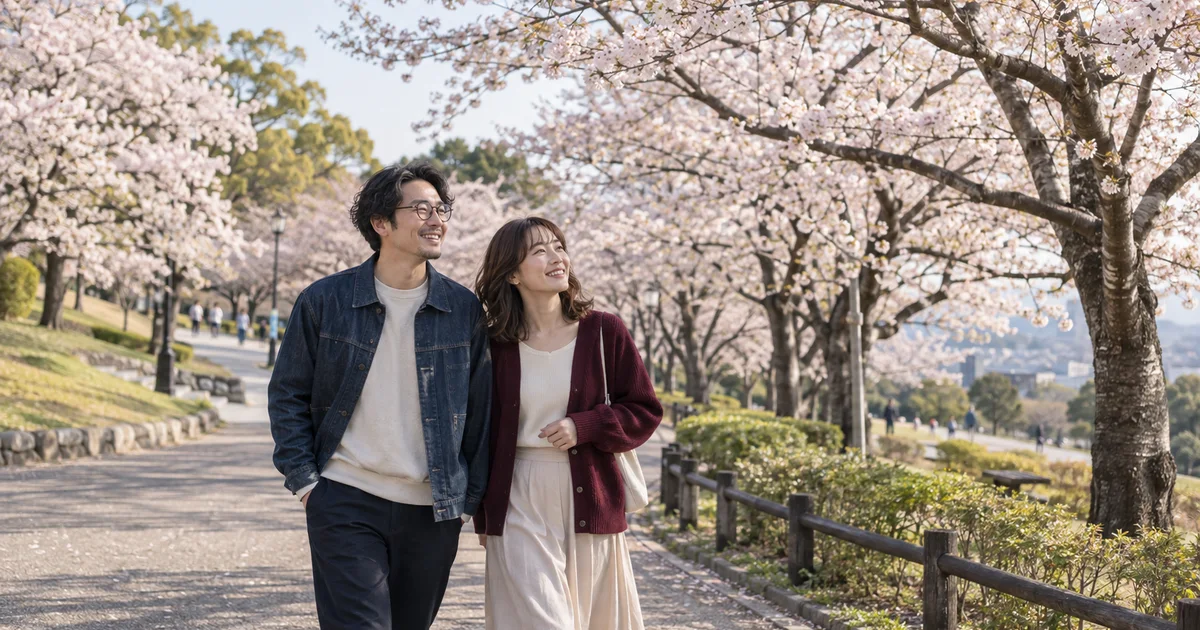日岡山公園でデートを楽しむふたりをイメージしたAI画像