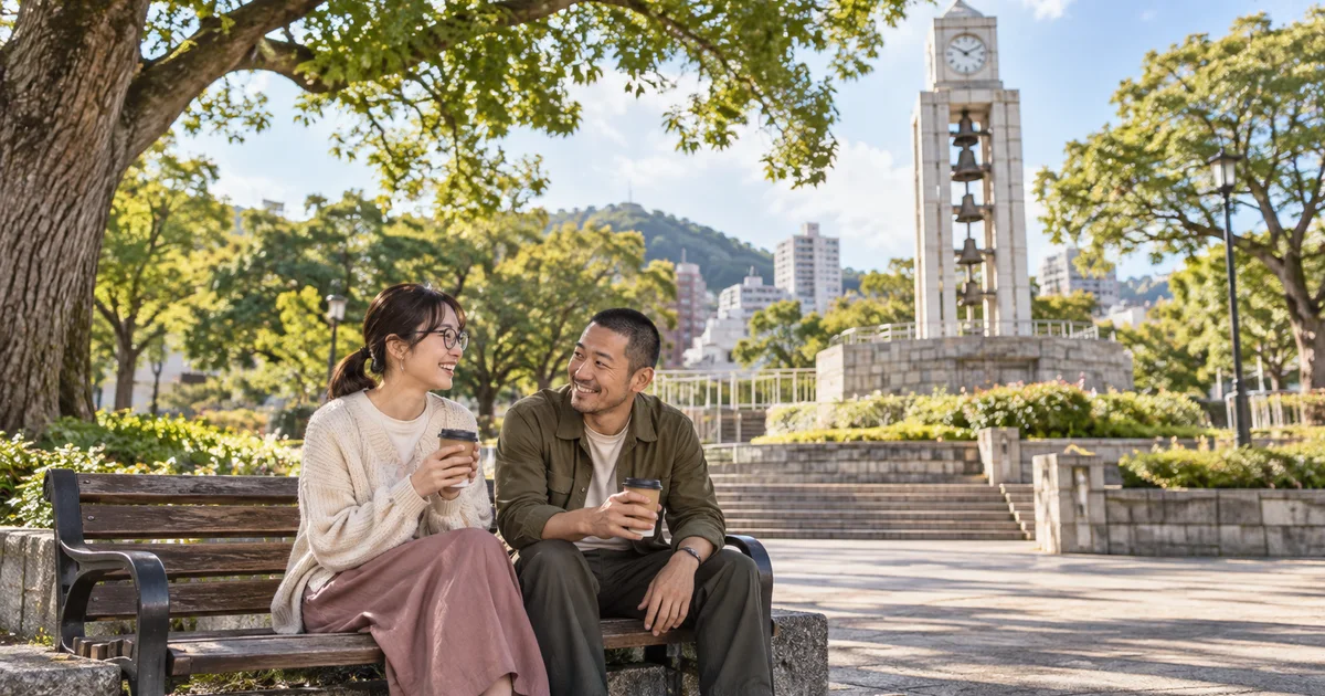 湊川公園でデートを楽しむふたりをイメージしたAI画像