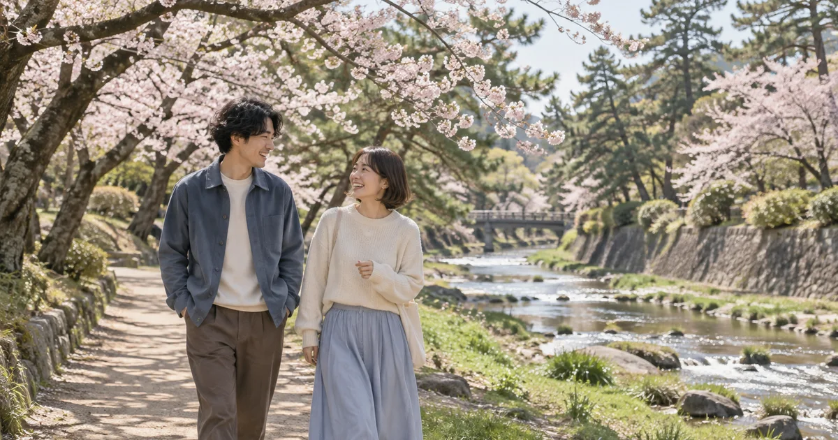 夙川公園でデートを楽しむふたりをイメージしたAI画像