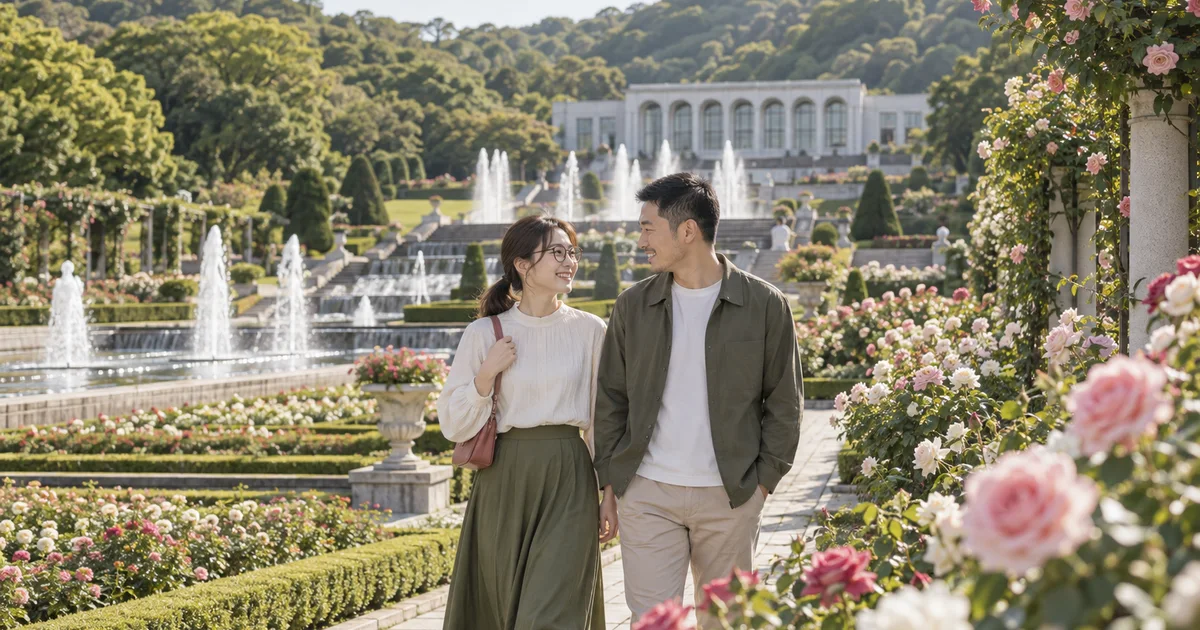須磨離宮公園でデートを楽しむふたりをイメージしたAI画像