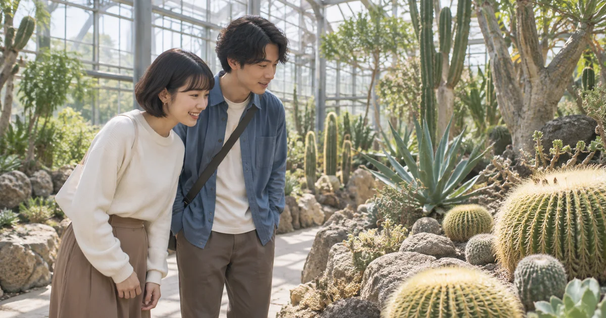 手柄山温室植物園でデートを楽しむふたりをイメージしたAI画像