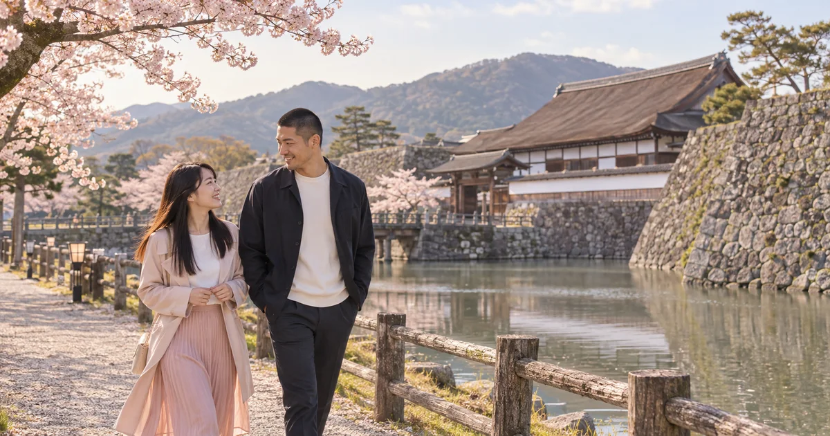 篠山城跡でデートを楽しむふたりをイメージしたAI画像