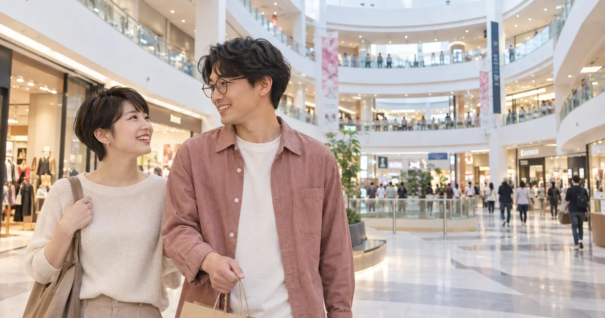 イオンモール姫路リバーシティーでデートを楽しむふたりをイメージしたAI画像