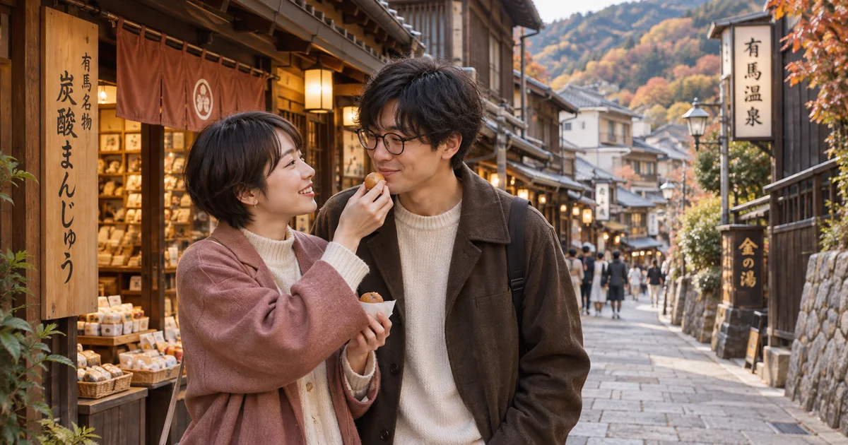 有馬温泉でデートを楽しむふたりをイメージしたAI画像
