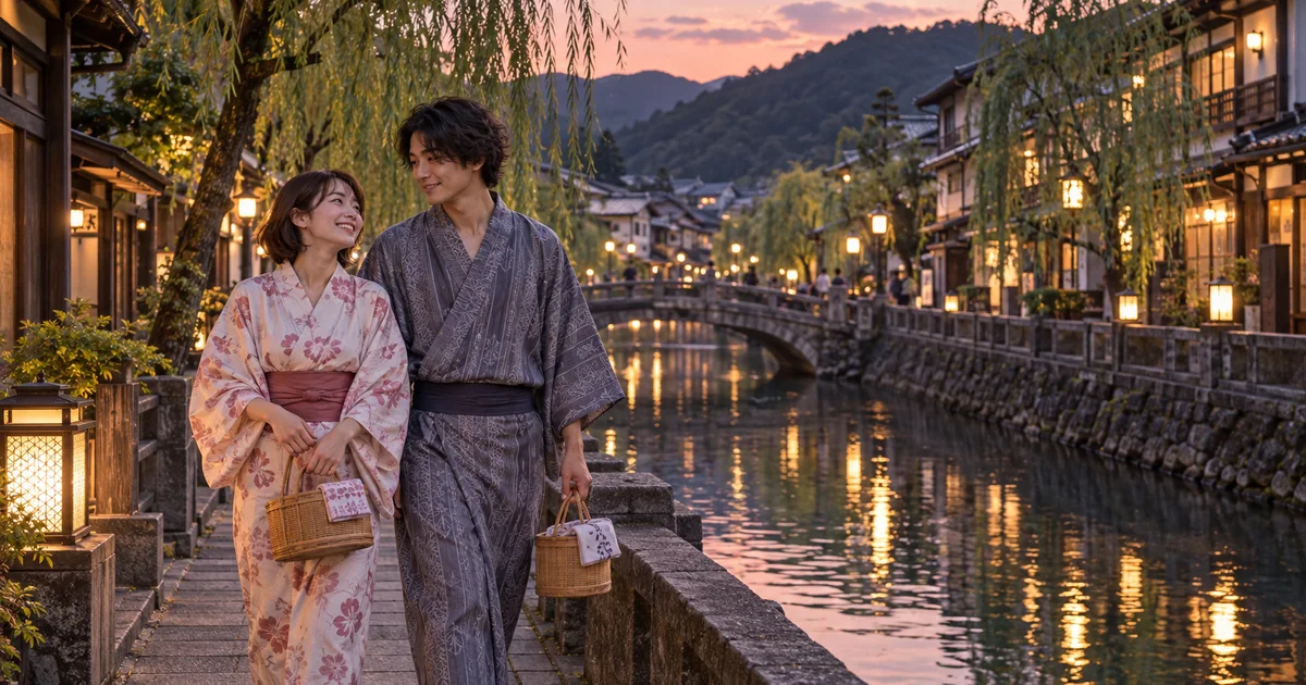 城崎温泉でデートを楽しむふたりをイメージしたAI画像