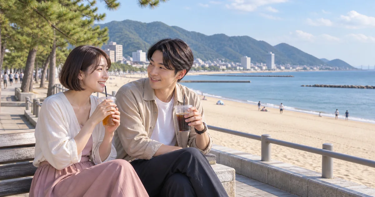 須磨海水浴場でデートを楽しむふたりをイメージしたAI画像