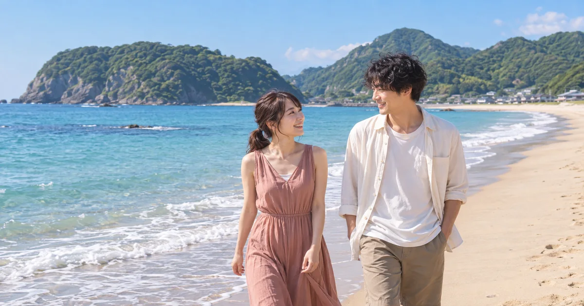 竹野浜海水浴場でデートを楽しむふたりをイメージしたAI画像