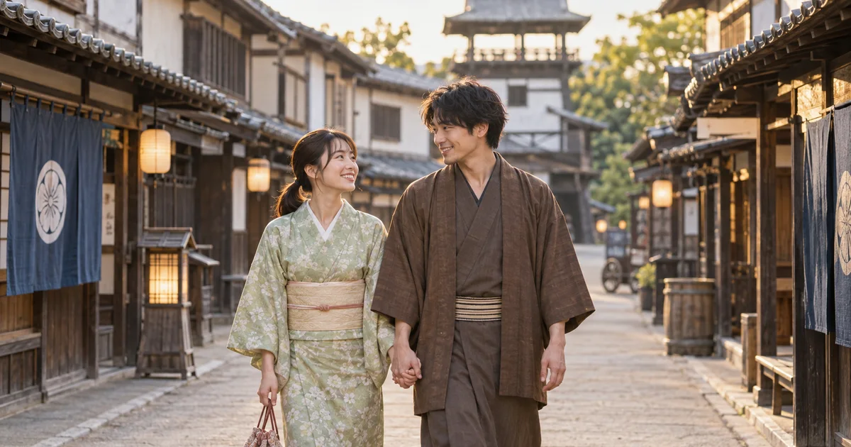 東映太秦映画村でデートを楽しむふたりをイメージしたAI画像