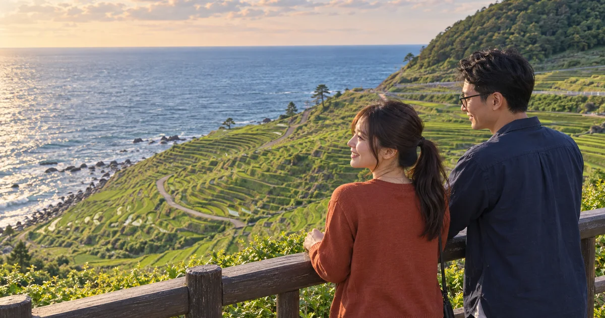 白米千枚田の棚田と日本海を眺めるふたりをイメージしたAI生成画像
