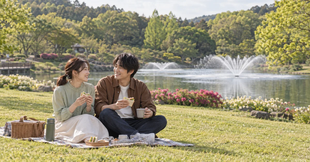 佐賀県立森林公園でデートを楽しむふたりをイメージしたAI画像
