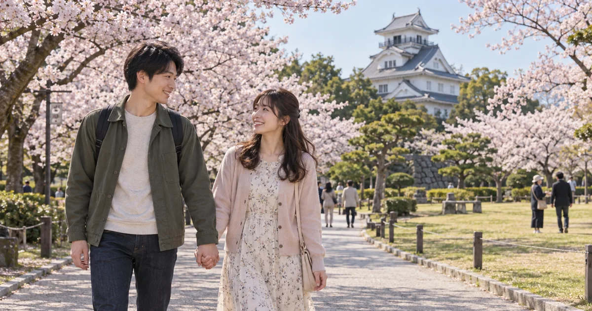 豊公園でデートを楽しむふたりをイメージしたAI画像