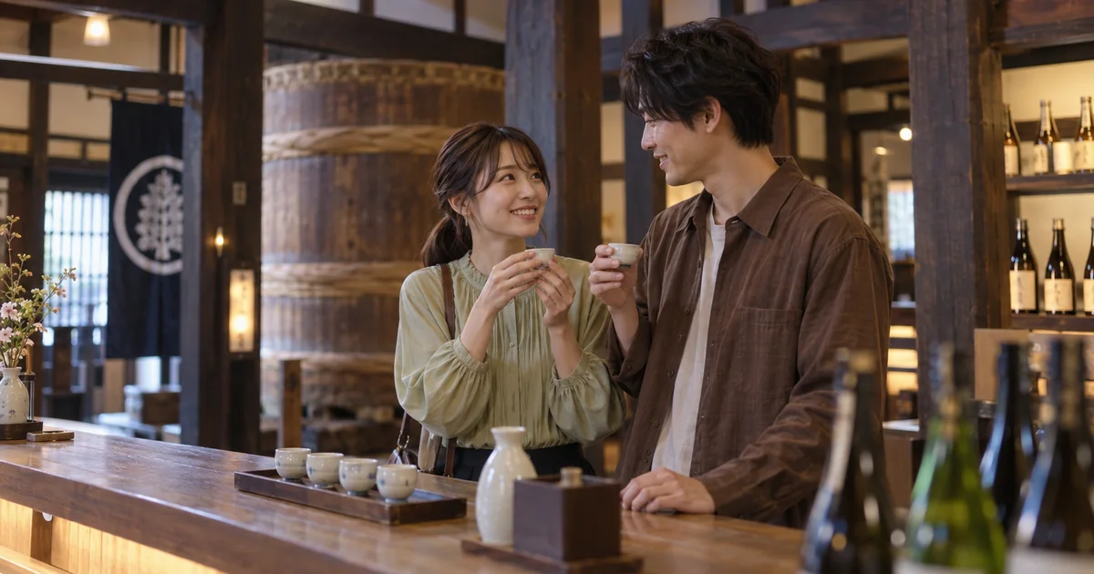 やちや酒造でデートを楽しむふたりをイメージしたAI画像