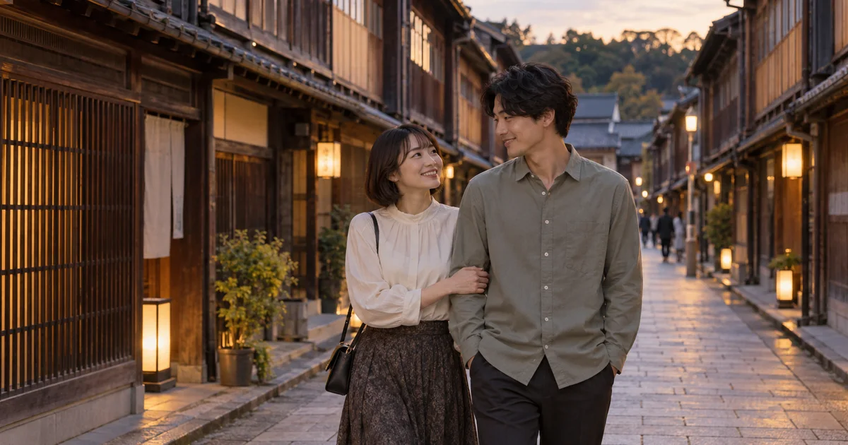 ひがし茶屋街でデートを楽しむふたりをイメージしたAI画像