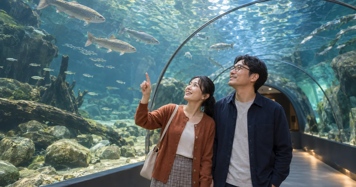 滋賀県立琵琶湖博物館でデートを楽しむふたりをイメージしたAI画像