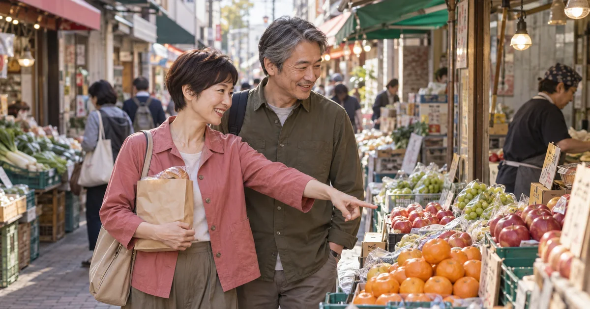 洪福寺松原商店街でデートを楽しむふたりをイメージしたAI画像