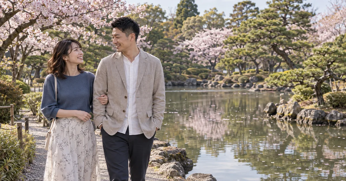 芦城公園でデートを楽しむふたりをイメージしたAI画像
