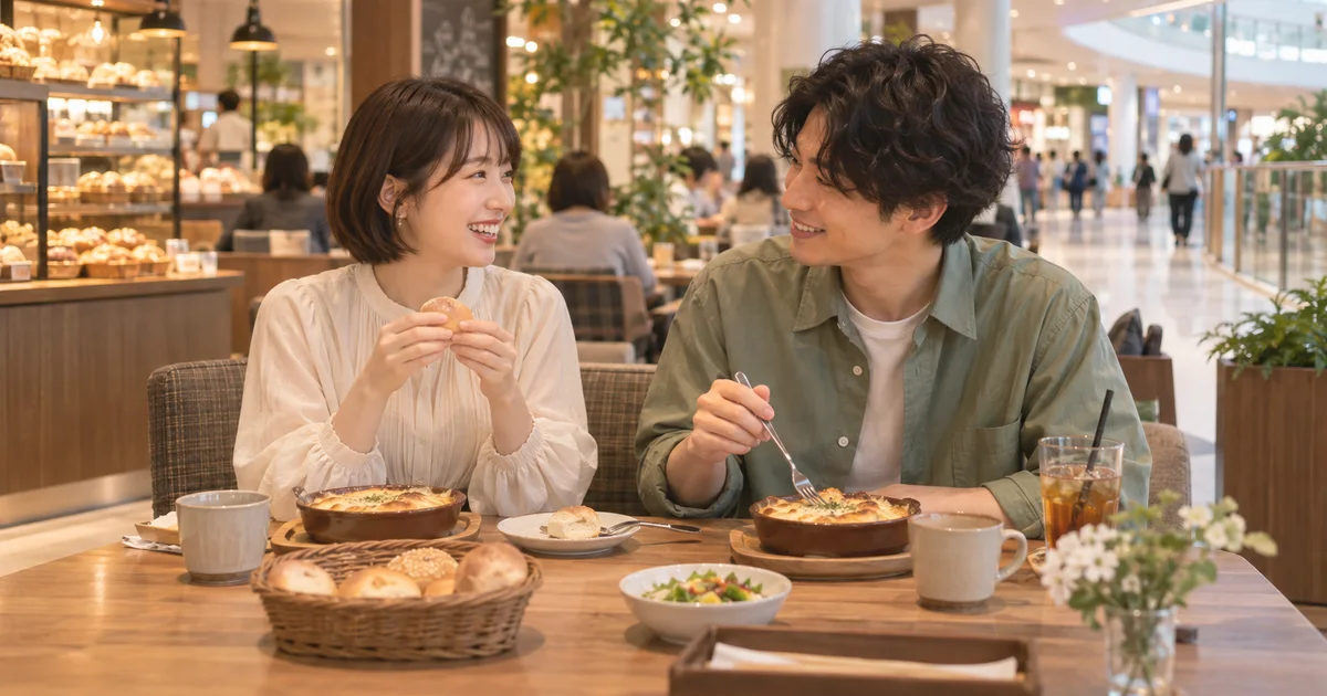 イオンモール草津でデートを楽しむふたりをイメージしたAI画像