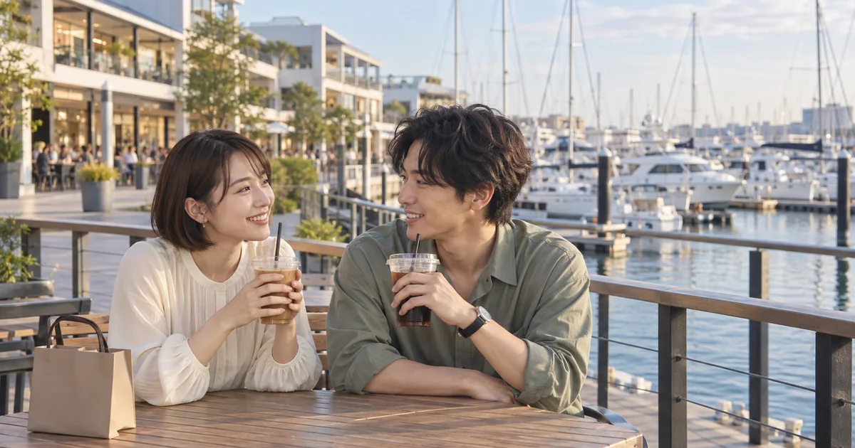 三井アウトレットパーク 横浜ベイサイドでデートを楽しむふたりをイメージしたAI画像