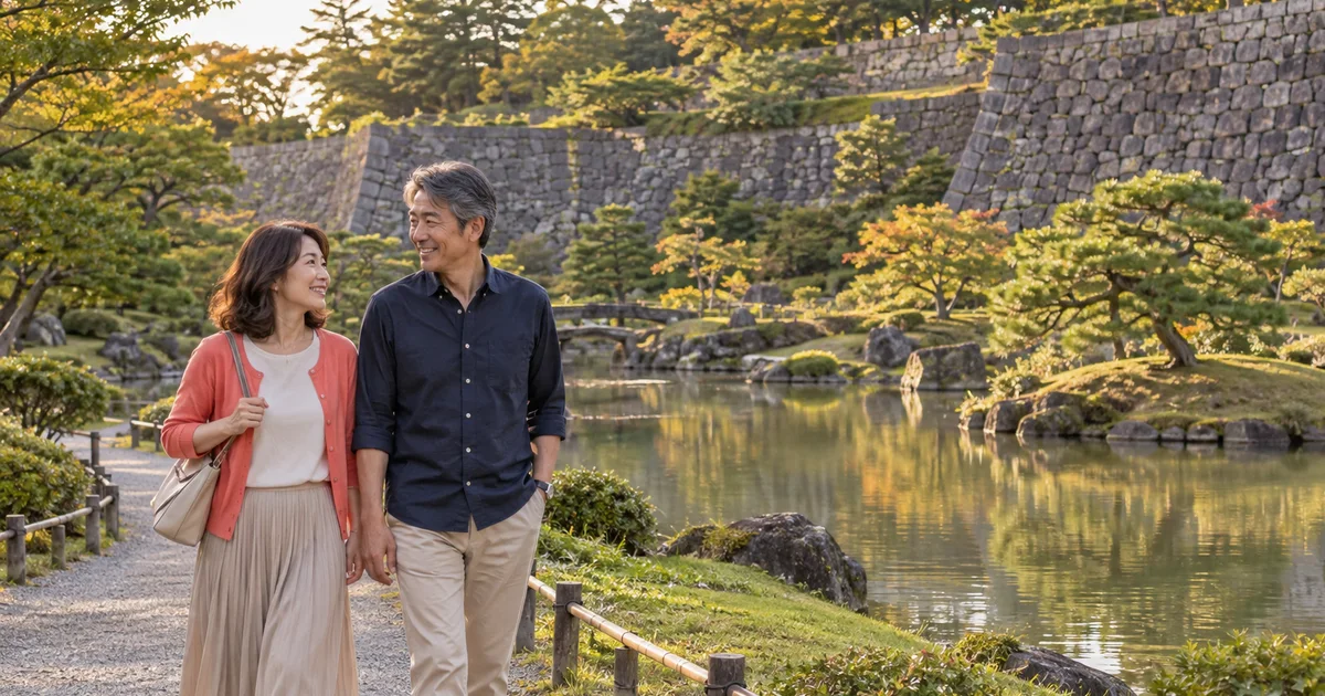 金沢城公園でデートを楽しむふたりをイメージしたAI画像