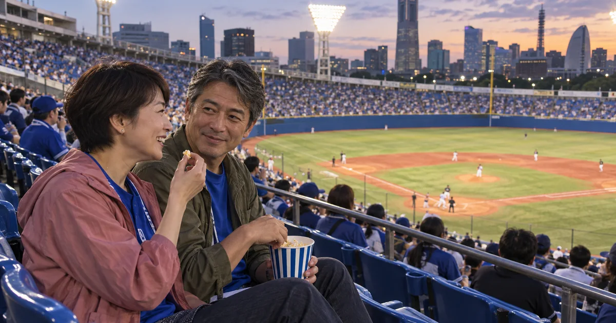 横浜スタジアムでデートを楽しむふたりをイメージしたAI画像