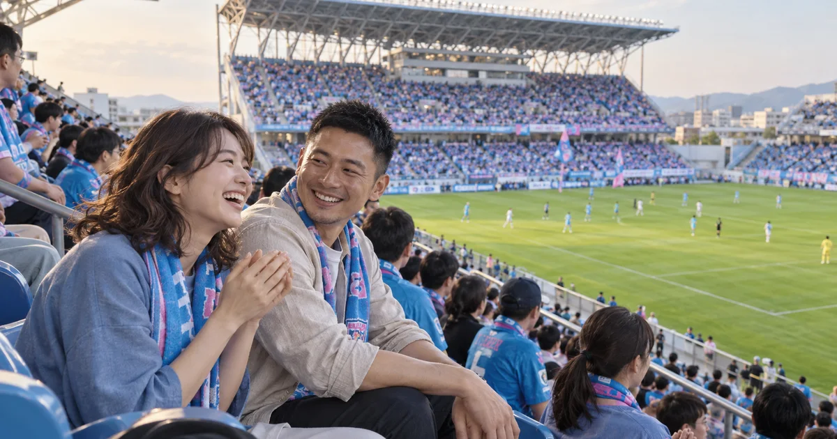 駅前不動産スタジアムでデートを楽しむふたりをイメージしたAI画像