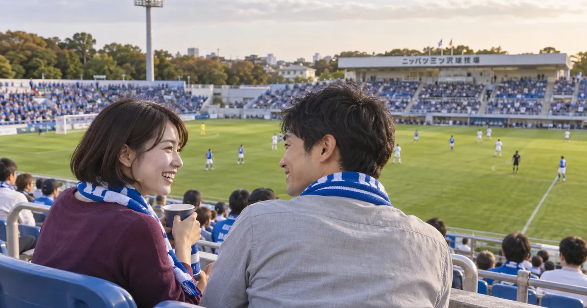 ニッパツ三ツ沢球技場でデートを楽しむふたりをイメージしたAI画像