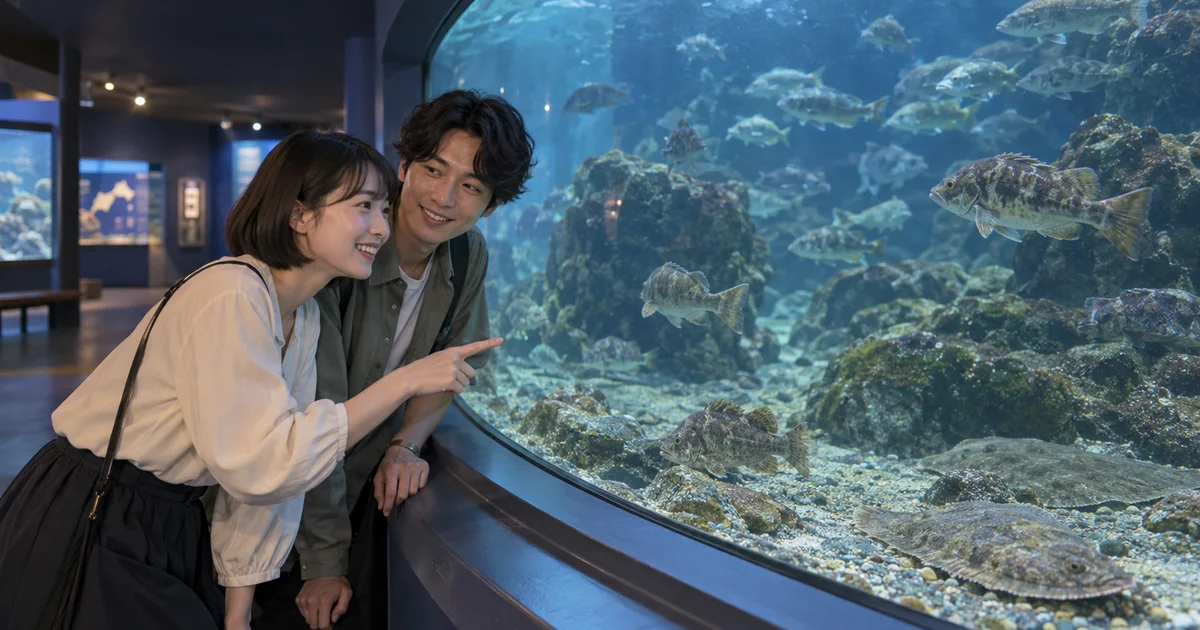 ノシャップ寒流水族館でデートを楽しむふたりをイメージしたAI画像