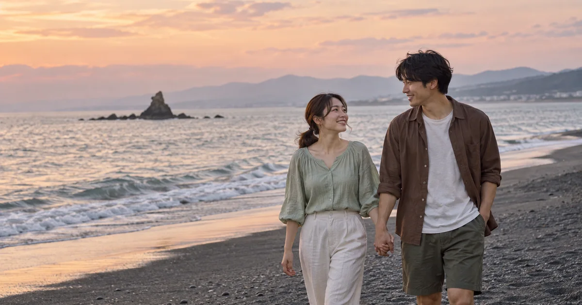 大磯海水浴場でデートを楽しむふたりをイメージしたAI画像