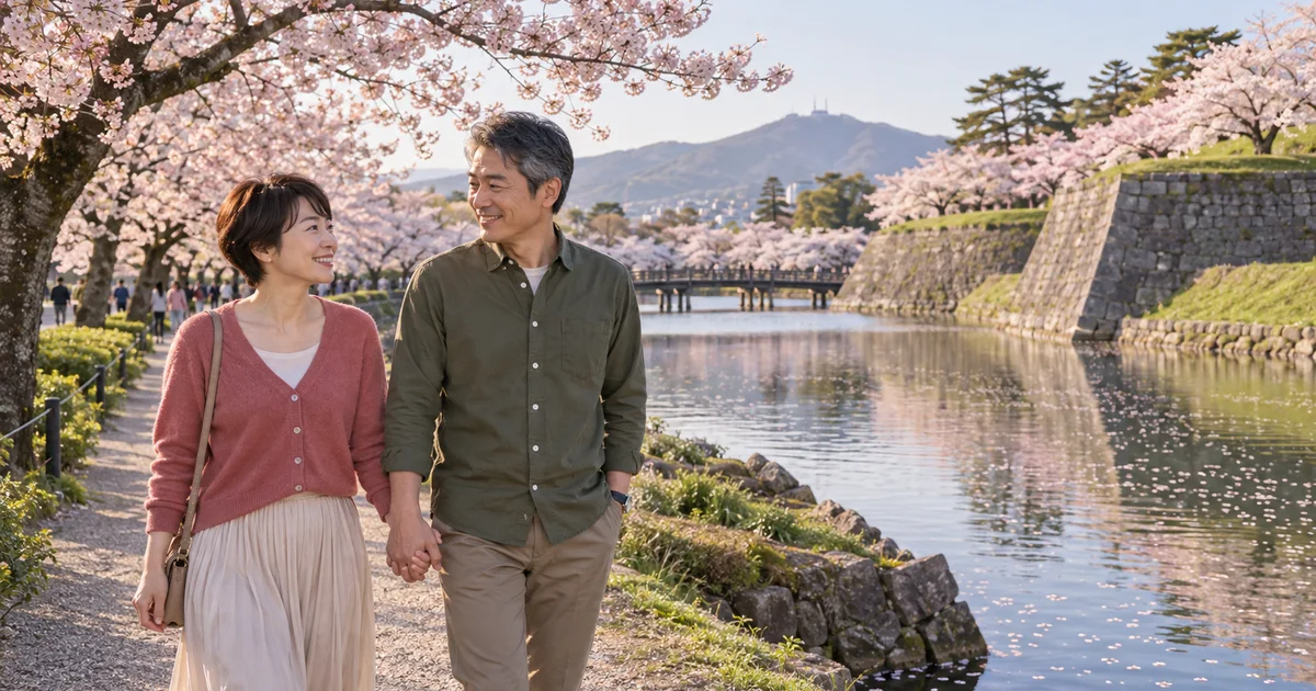 五稜郭公園でデートを楽しむふたりをイメージしたAI画像